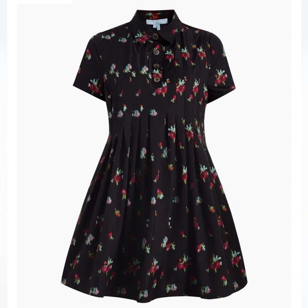Hill House The Rosalind Dress Black Ikat Floral Taffeta Pintuck Pleated‎ Small